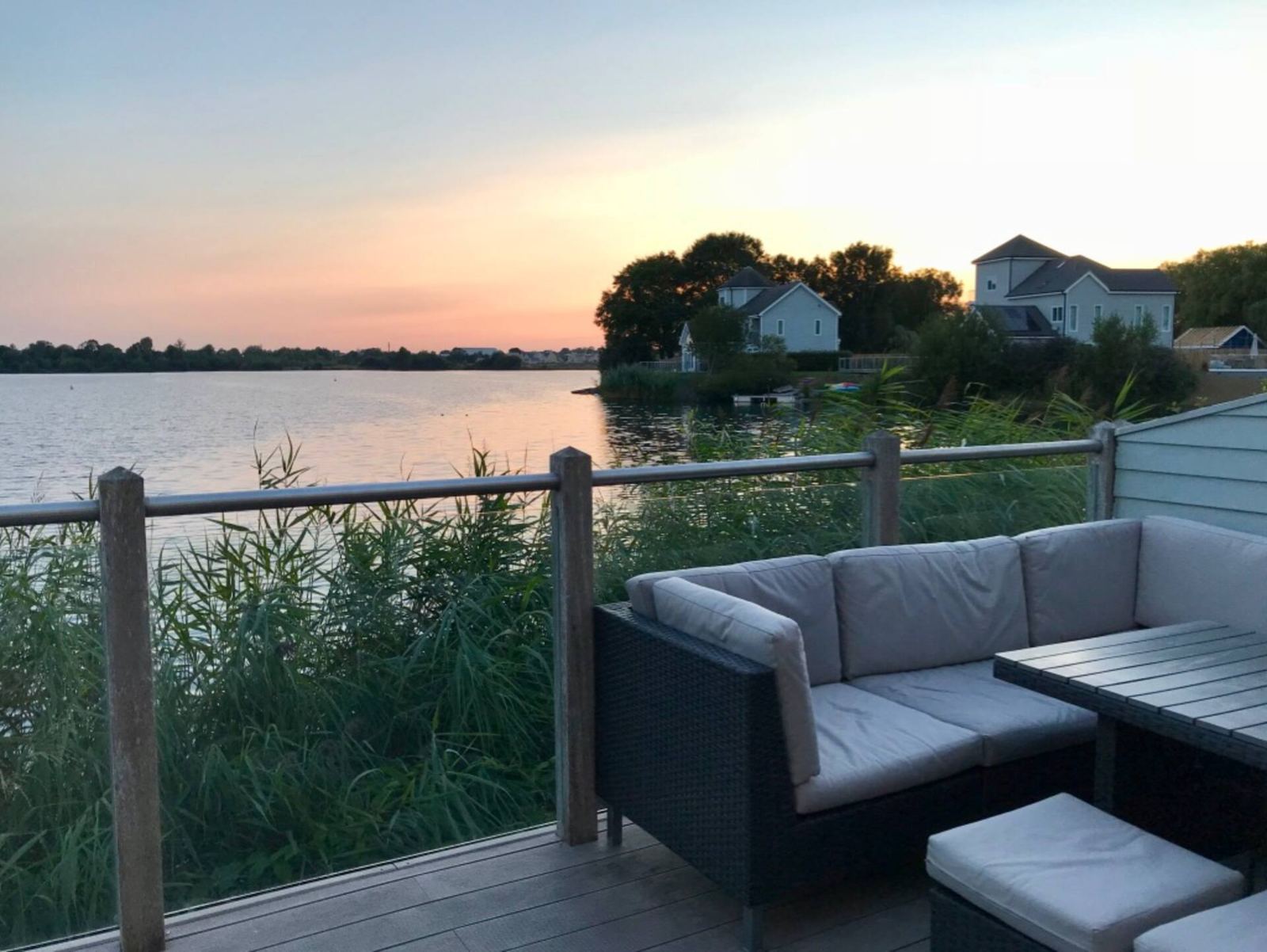 Deck seating facing the lake