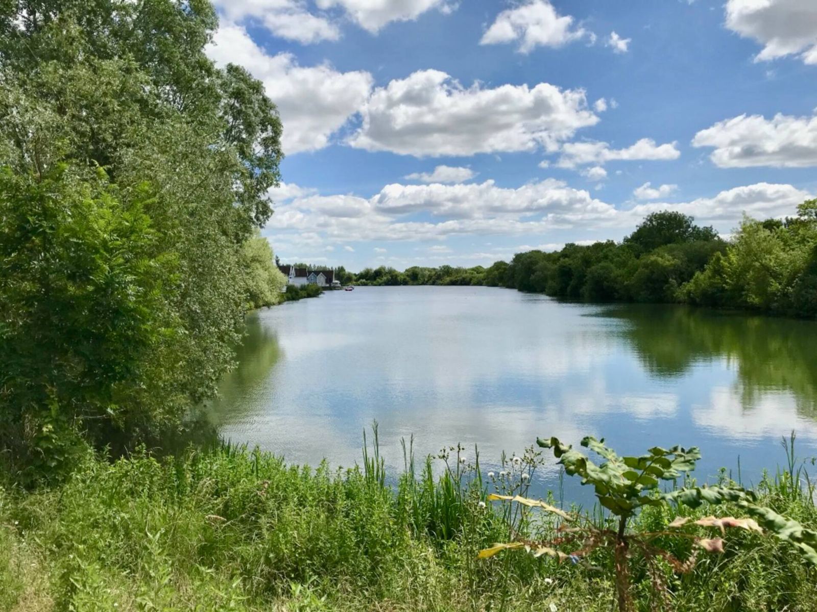 A bend of the lake under a blue sky